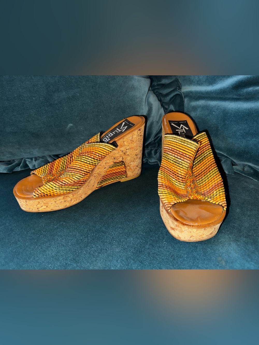 Stuart Weitzman Orange Multi Woven Cork Wedge Platform Sandals - Size 6.5